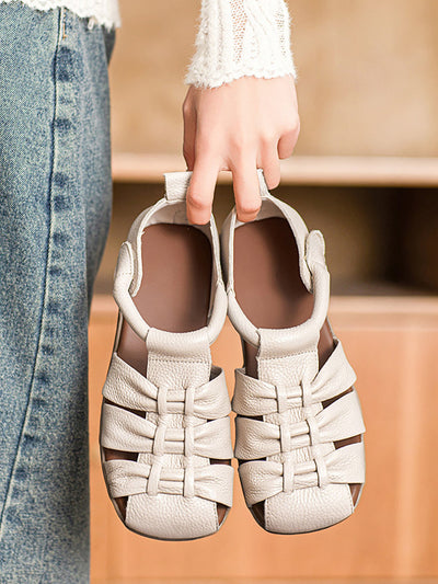 Women Genuine Leather Spliced Flat Sandals