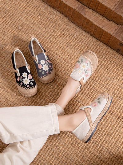 Women Ethnic Flower Embroidery Linen Flat Shoes