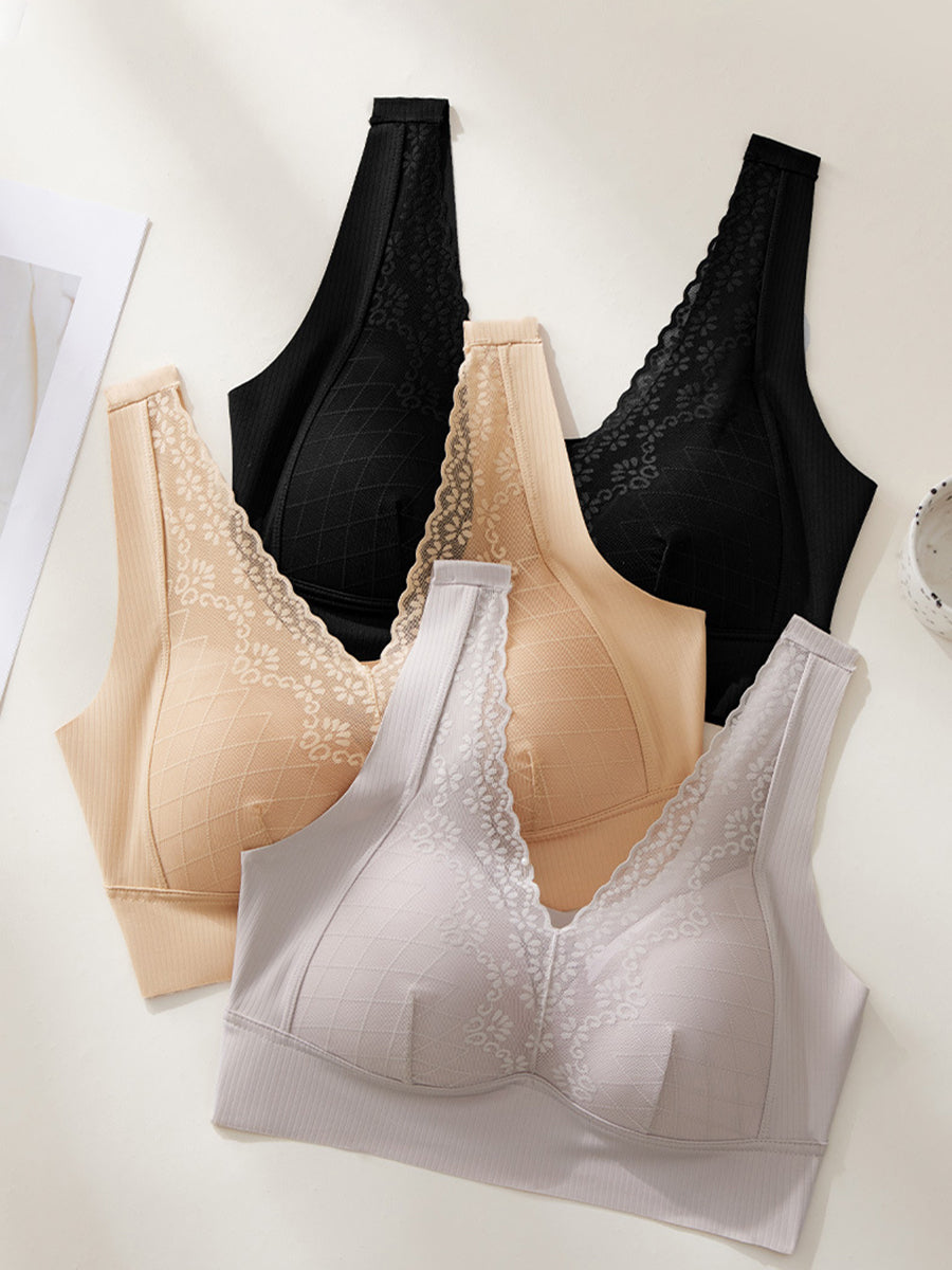 Women Artsy Pure Color Lace Satin Seamless Bra
