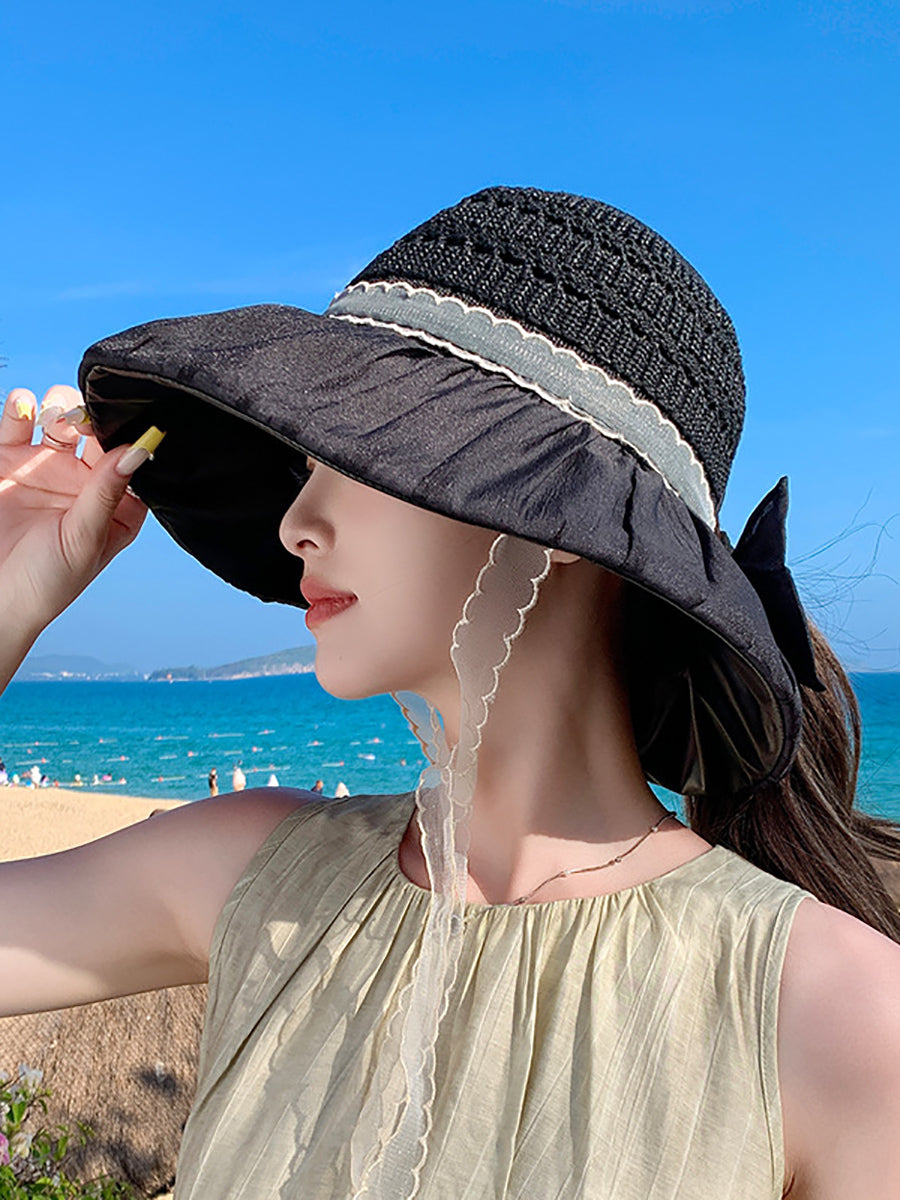 Women Summer Knitted Bowknot Spliced Sunproof Hat