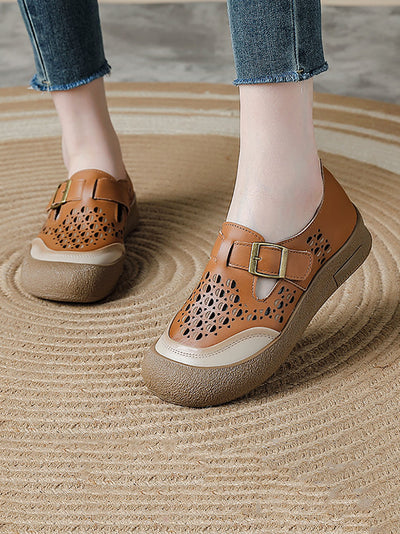 Women Summer Pure Color Leather Flat Shoes