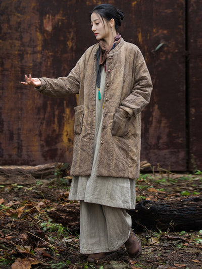 Women Winter Ethnic Solid Ramie Padded Long Coat