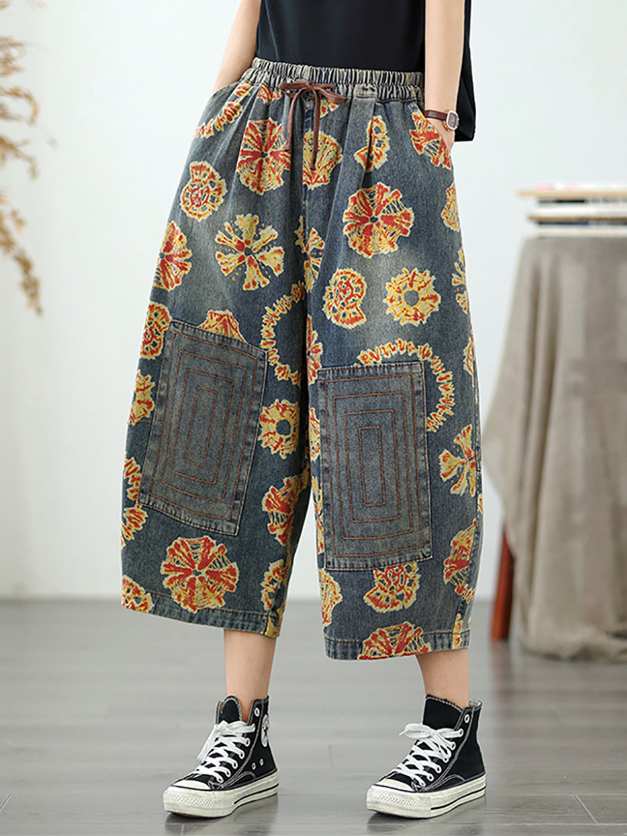 Women Retro Flower Denim Straight Capri Pants