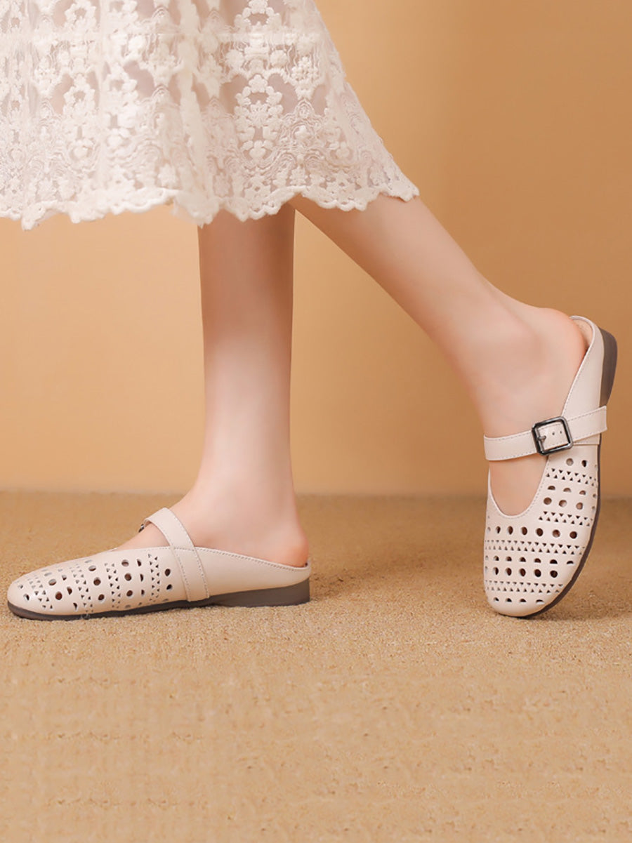 Women Casual Summer Genuine Leather Low Heel Slippers