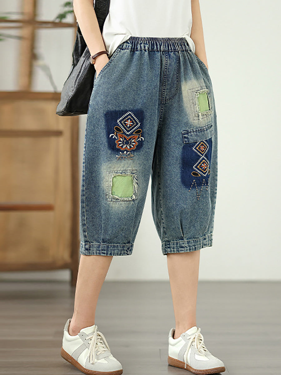 Women Retro Flower Embroidery Patchwork Denim Fifth Pants