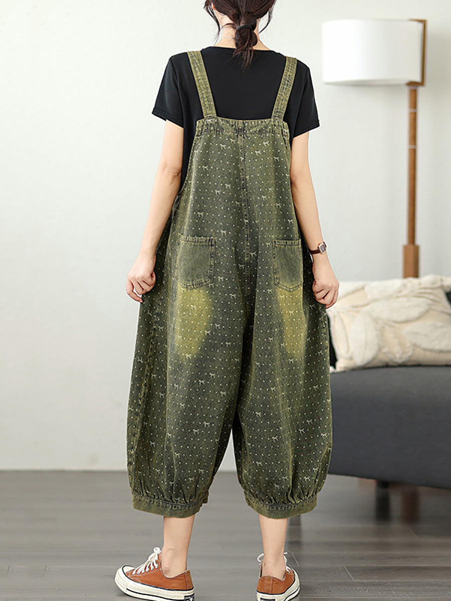 Women Summer Retro Print Denim Cropped Jumpsuits