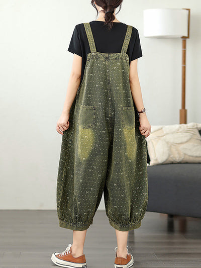 Women Summer Retro Print Denim Cropped Jumpsuits