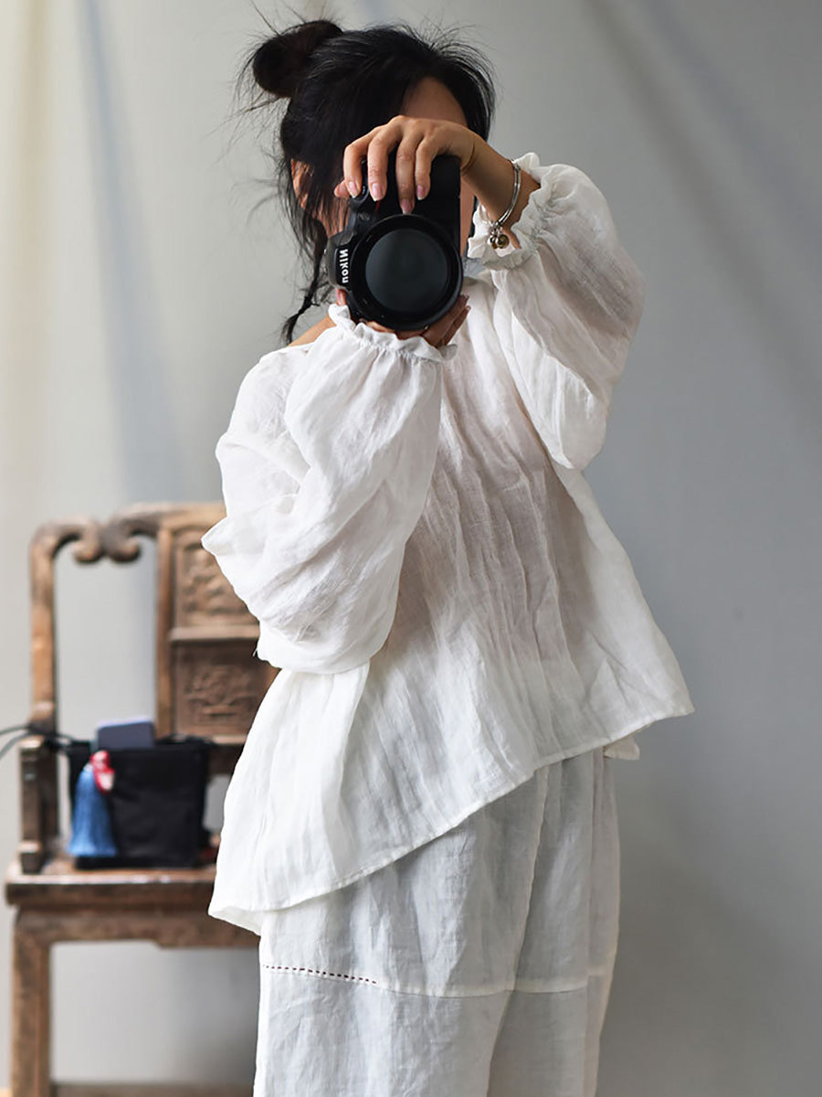 Plus Size Women Spring Retro V-Neck Puff Sleeve Shirt