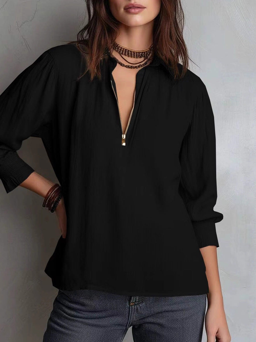 Long Sleeves Loose Pleated Solid Color Zipper Lapel Blouses&Shirts Tops
