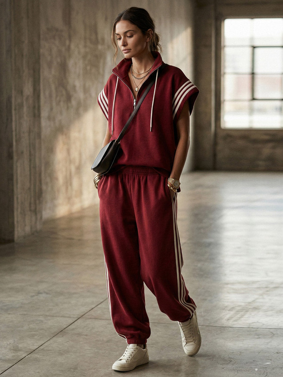 Loose Sleeveless Contrast Color Drawstring Split-Joint Striped Zipper Mock Neck Blouses&Shirts Tops