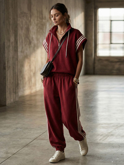 Loose Sleeveless Contrast Color Drawstring Split-Joint Striped Zipper Mock Neck Blouses&Shirts Tops