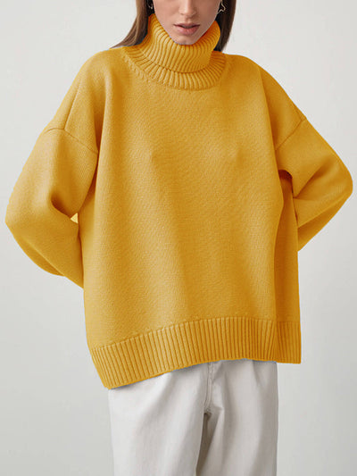 High-Low Long Sleeves Solid Color Split-Joint High Neck Sweater Tops