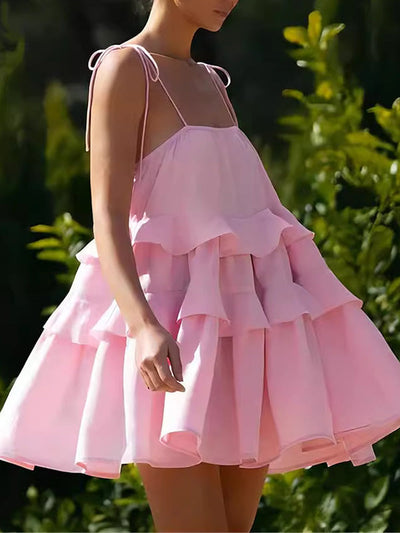 A-Line High Waisted Backless Layered Pleated Solid Color Spaghetti-Neck Mini Dresses