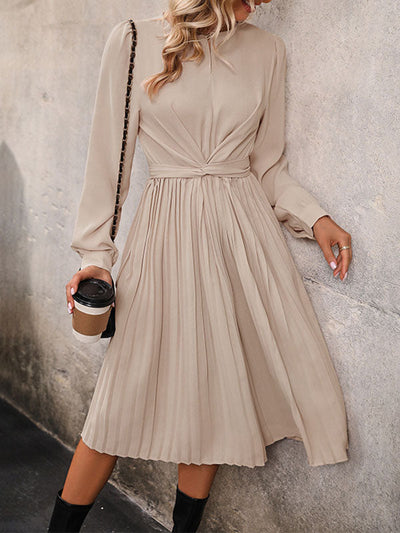 Long Sleeves Loose Pleated Solid Color Split-Joint Tied Waist Round-Neck Midi Dresses