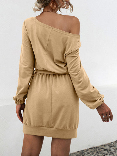 Long Sleeves Loose Elasticity Solid Color Tied Waist One-Shoulder Mini Dresses