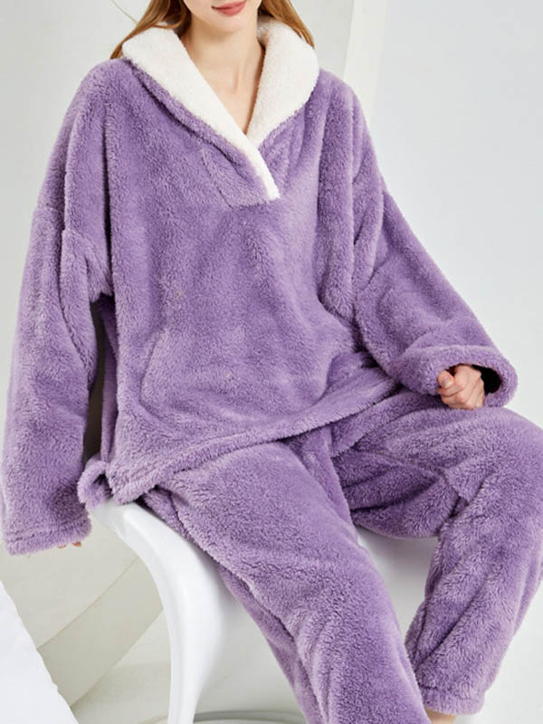 Coral Fleece Split-Joint V-Neck + Pants Pajama Two Pieces Set