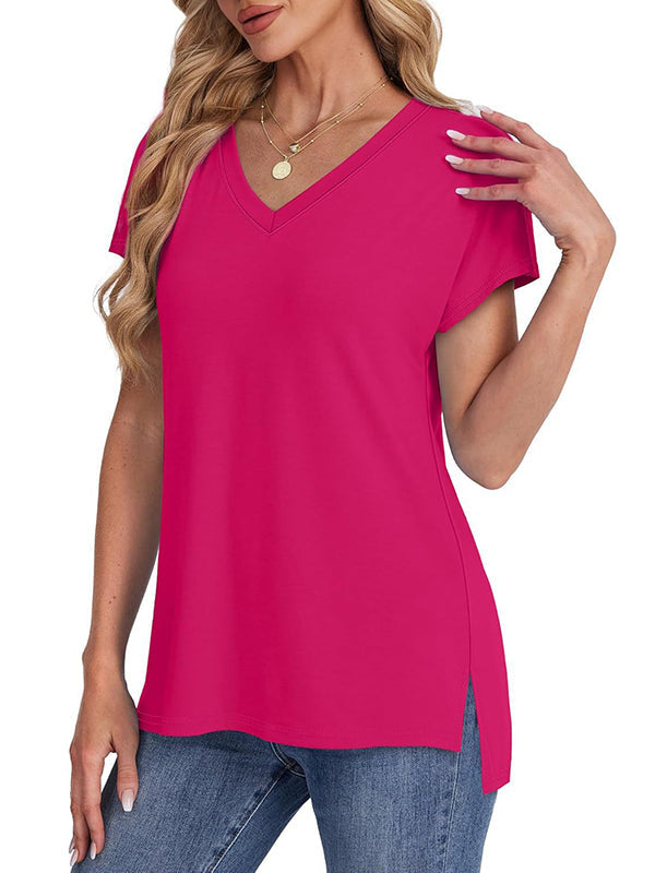 High-Low Raglan Sleeve Solid Color Split-Joint Split-Side V-Neck T-Shirts
