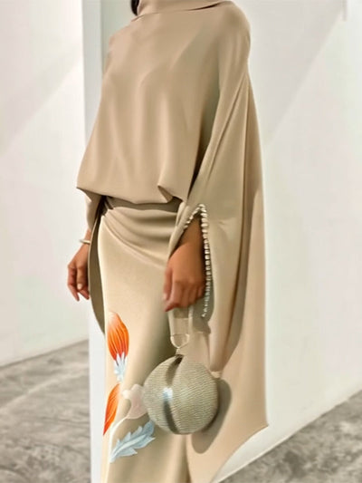 Batwing Sleeves Loose Floral Printed Split-Joint High Neck Skirt Set Two Pieces Set