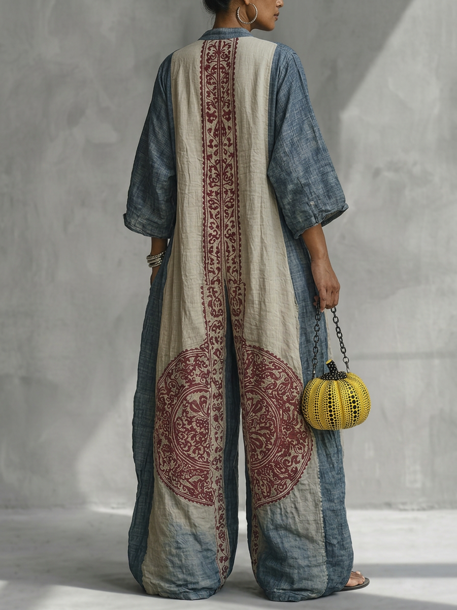 Loose Three-Quarter Sleeves Contrast Color Ethnic Printed Pockets V-Neck Jumpsuits