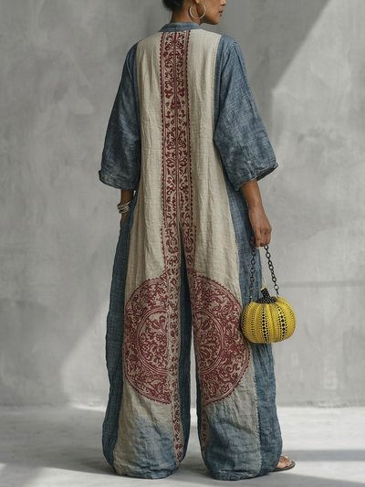 Loose Three-Quarter Sleeves Contrast Color Ethnic Printed Pockets V-Neck Jumpsuits