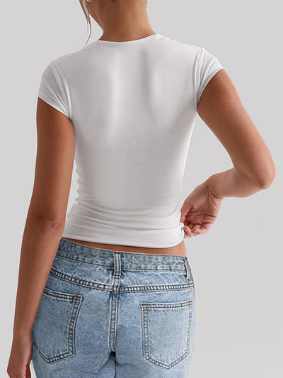 Short Sleeves Skinny Solid Color Square-Neck T-Shirts Tops
