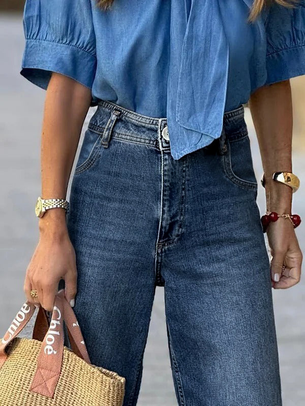 High Waisted Straight Leg Gradient Split-Joint Jean Pants Bottoms