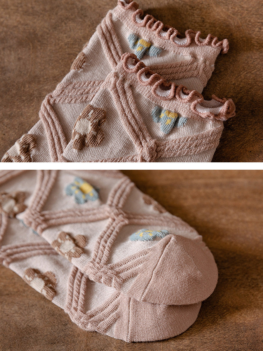 6 Pairs Women Artsy Summer Flower Rhombiods Socks