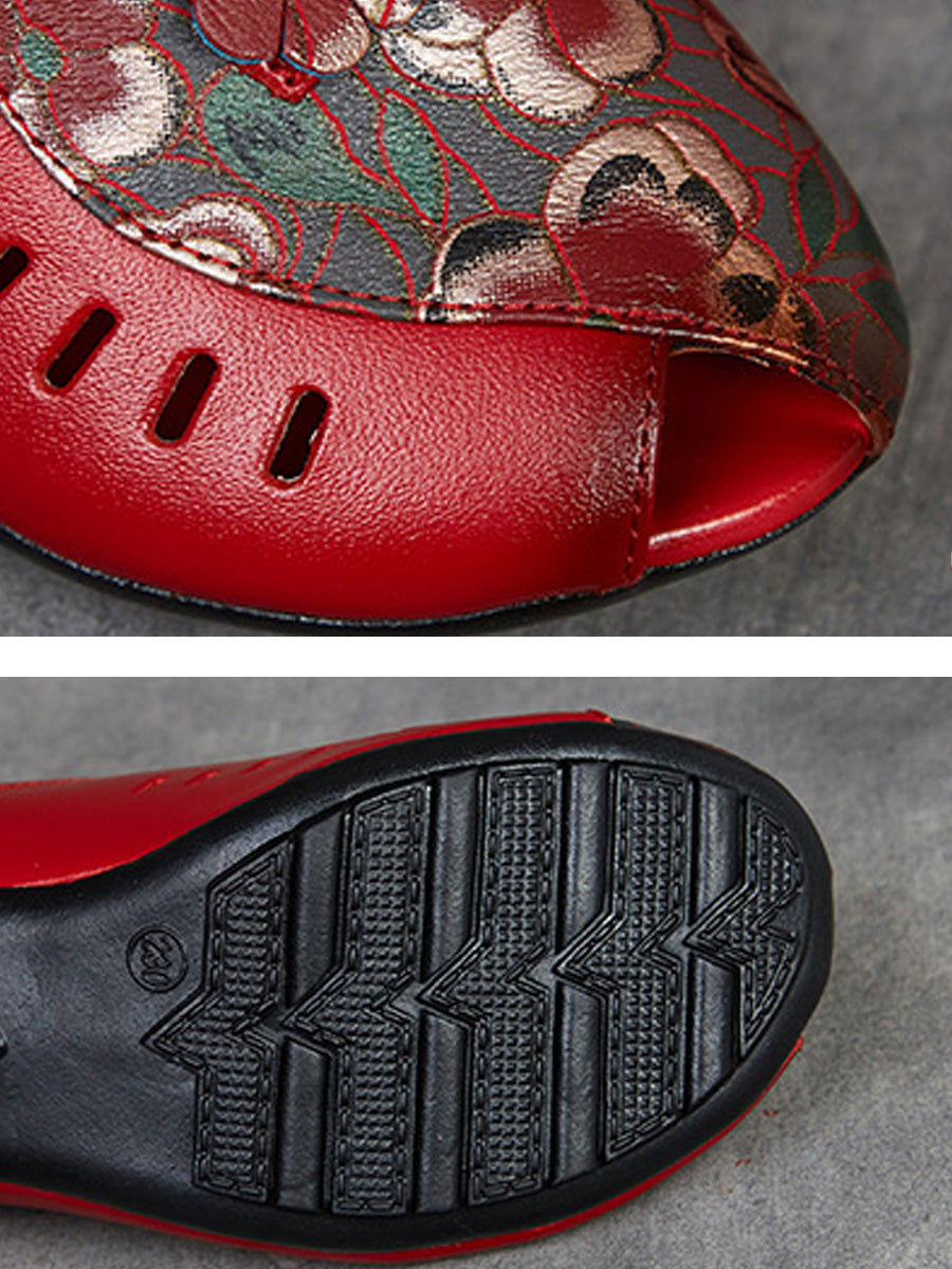 Women Summer Ethnic Flower Leather Spliced Mid Heel Slippers