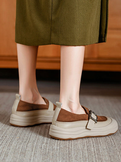 Women Autumn Colorblock Leather Flat Shoes