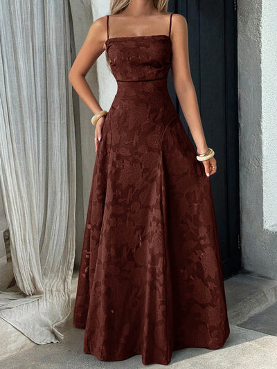 A-Line High Waisted Jacquard Pleated Solid Color Spaghetti-Neck Maxi Dresses
