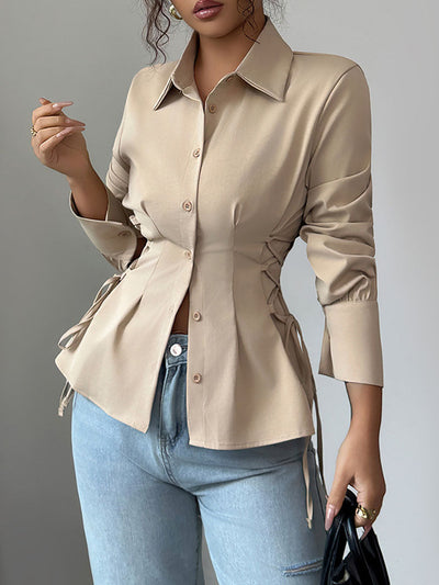 Long Sleeves Puff Sleeves Buttoned Pleated Solid Color Tied Lapel Blouses&Shirts Tops