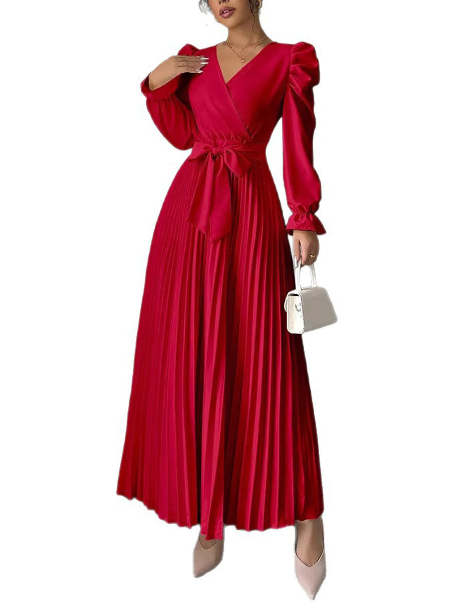 A-Line High Waisted Pleated Solid Color Tied Waist V-Neck Maxi Dresses