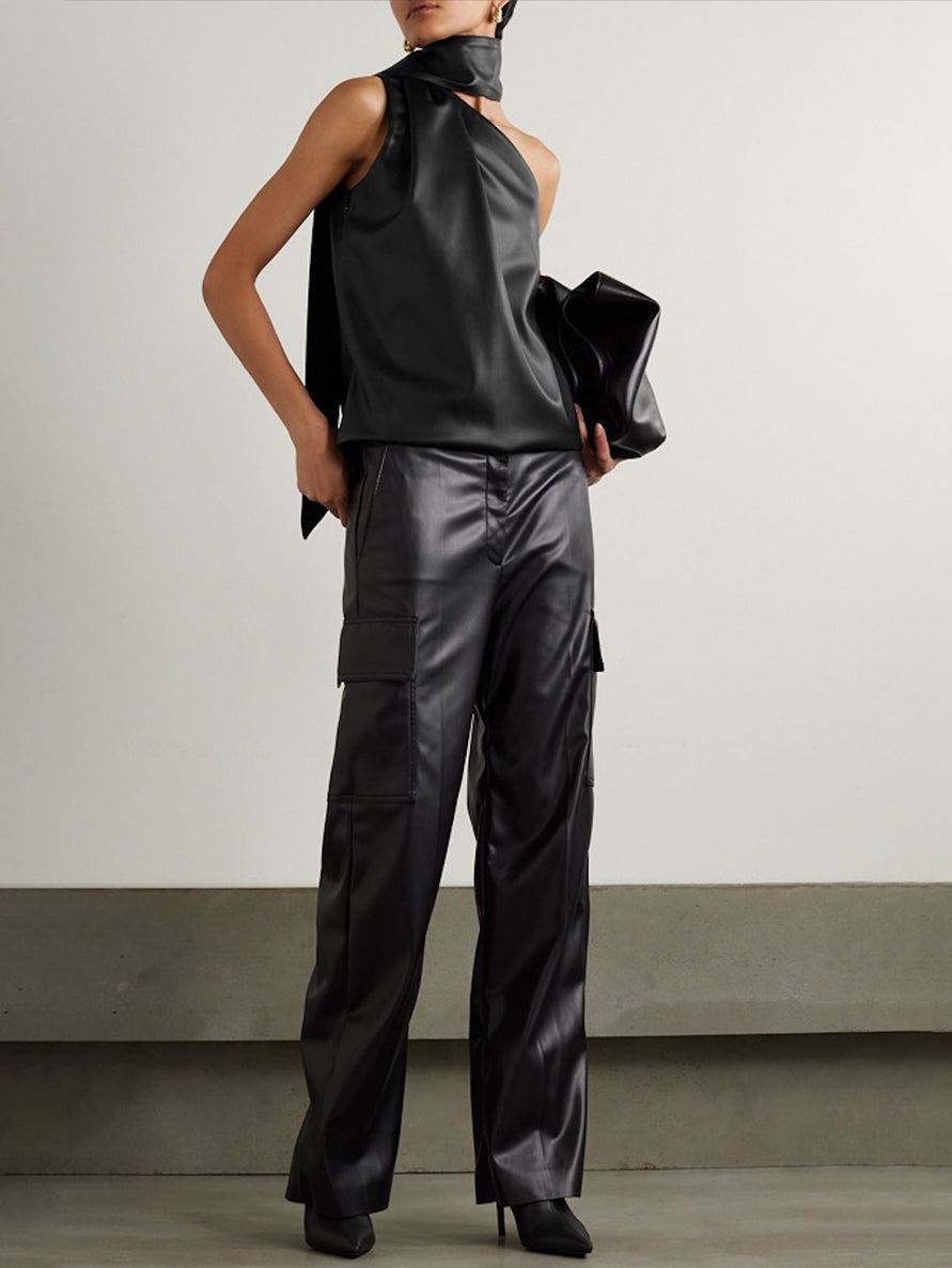 Sleeveless Asymmetric Solid Color High Neck Vest Top