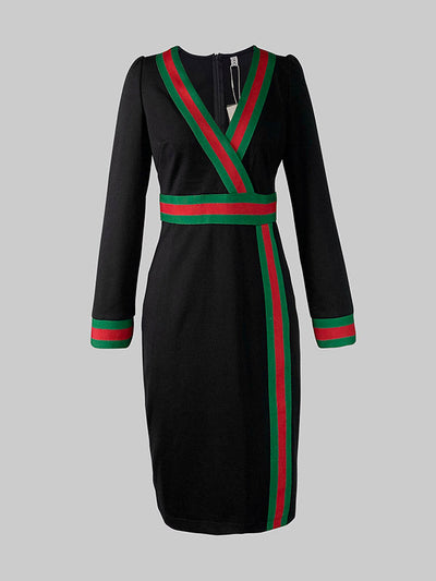 Long Sleeves Striped Deep V-Neck Mini Dresses