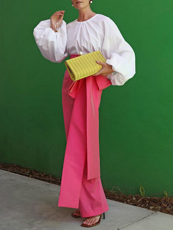 Loose Puff Sleeves Pleated Solid Color Split-Joint Round-Neck Blouses&Shirts Tops