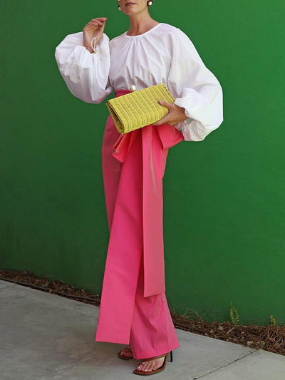 Loose Puff Sleeves Pleated Solid Color Split-Joint Round-Neck Blouses&Shirts Tops