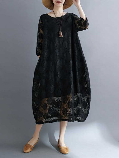 Half Sleeves Loose Hollow Solid Color Round-Neck Midi Dresses