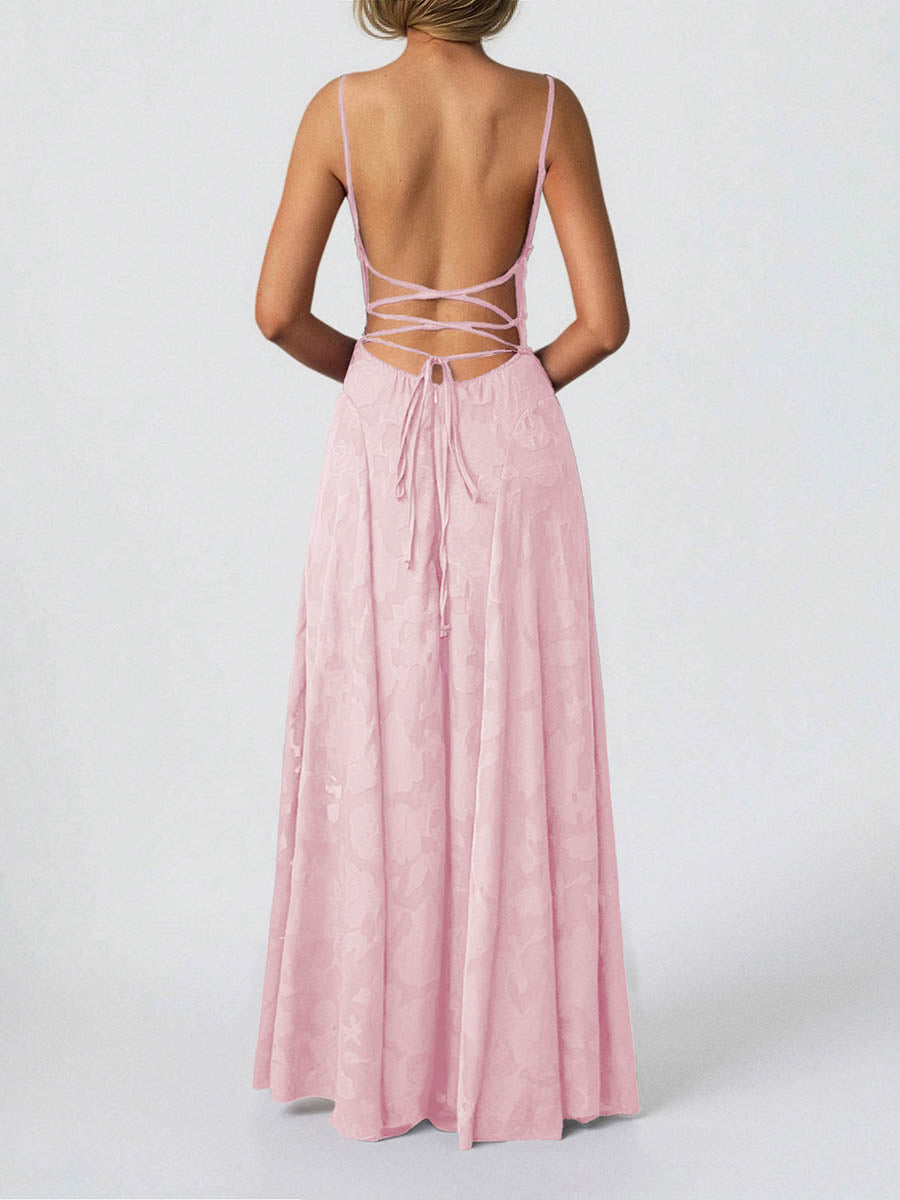 A-Line High Waisted Jacquard Pleated Solid Color Spaghetti-Neck Maxi Dresses