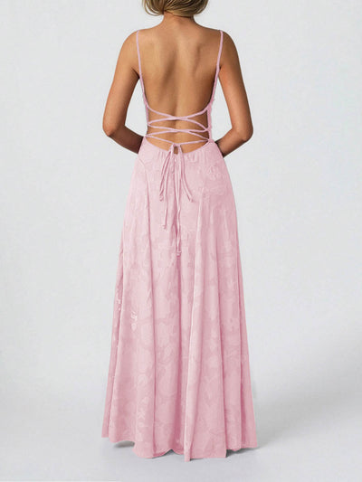 A-Line High Waisted Jacquard Pleated Solid Color Spaghetti-Neck Maxi Dresses