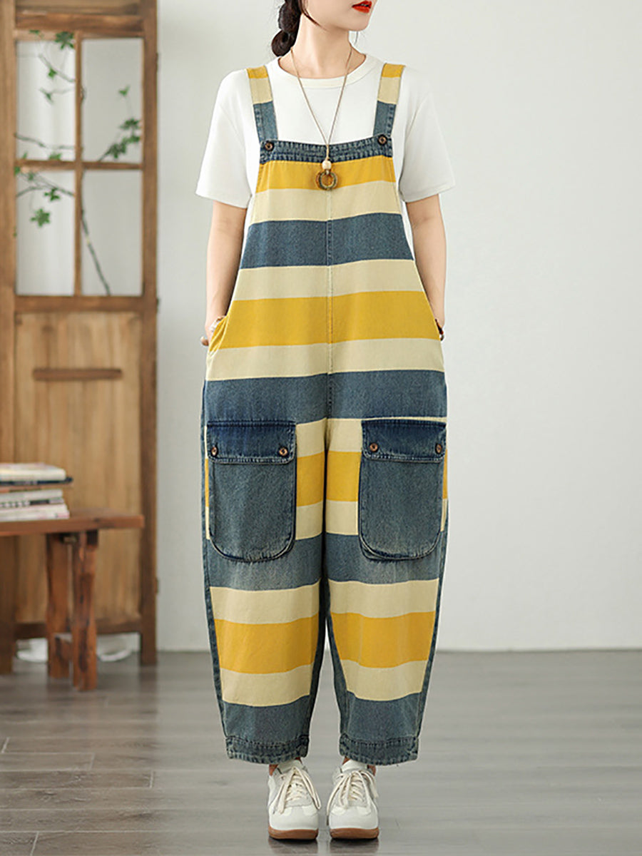 Women Summer Colorblock Stripe Denim Loose Jumpsuits