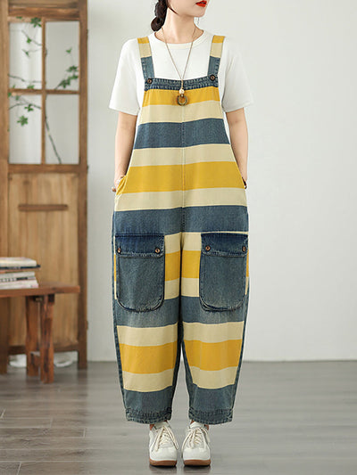Women Summer Colorblock Stripe Denim Loose Jumpsuits