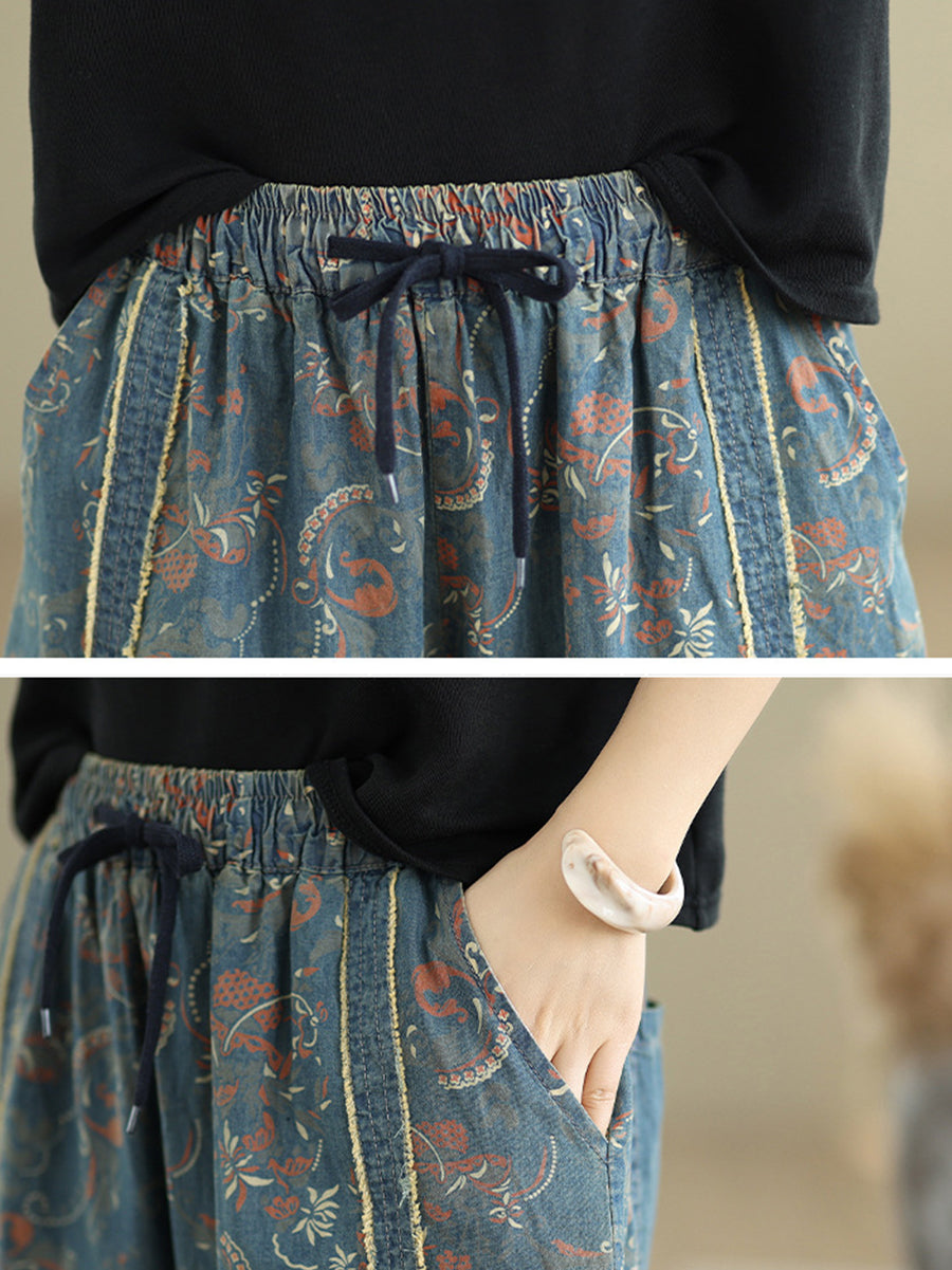Women Retro Flower Patchwork Denim Harem Pants