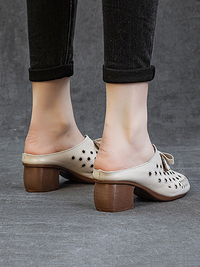 Women Summer Genuine Leather Hollow Out Mid Heel Slippers