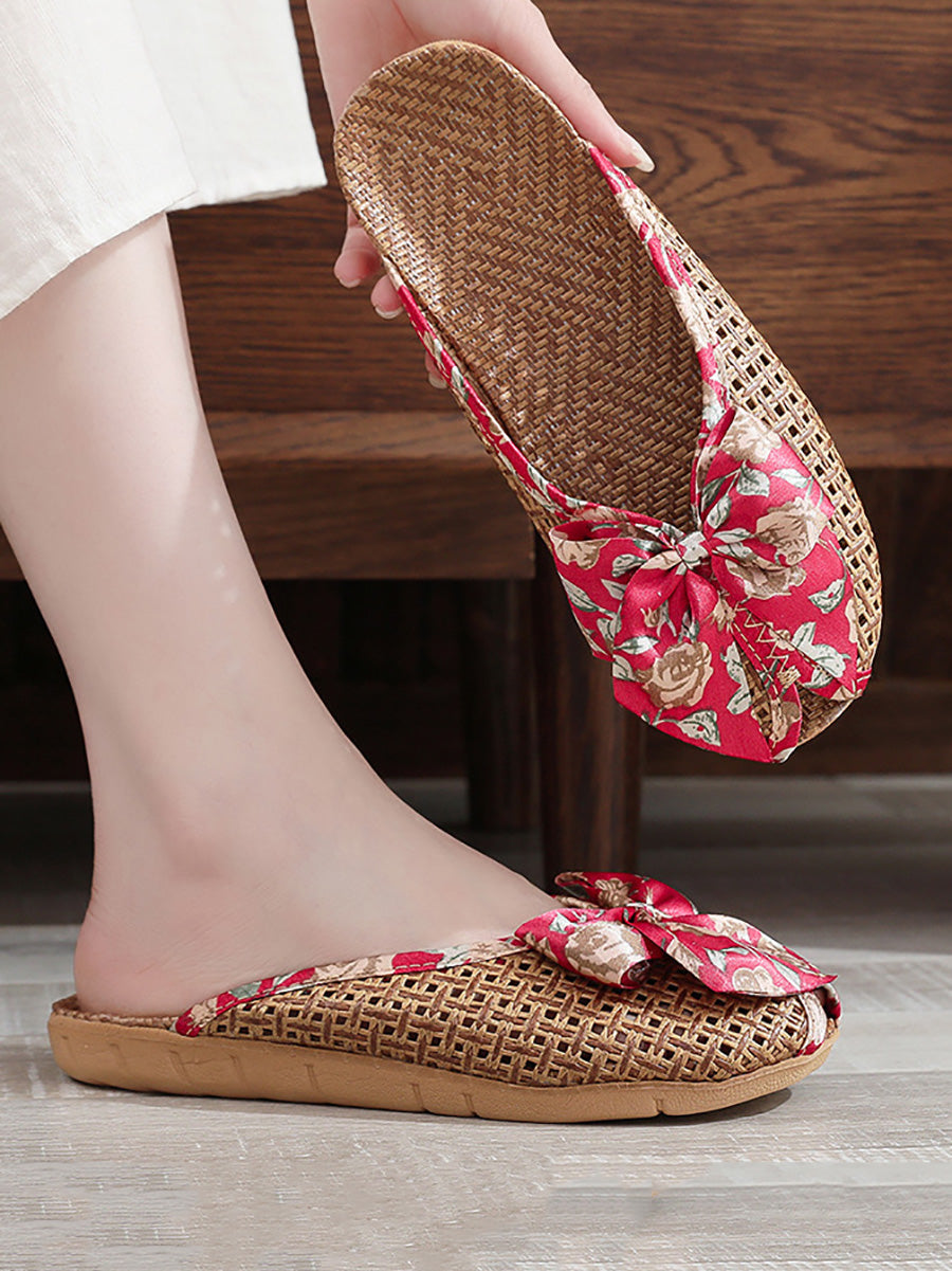 Women Ethnic Straw Weave Flower Bowknot Indoor Slippers