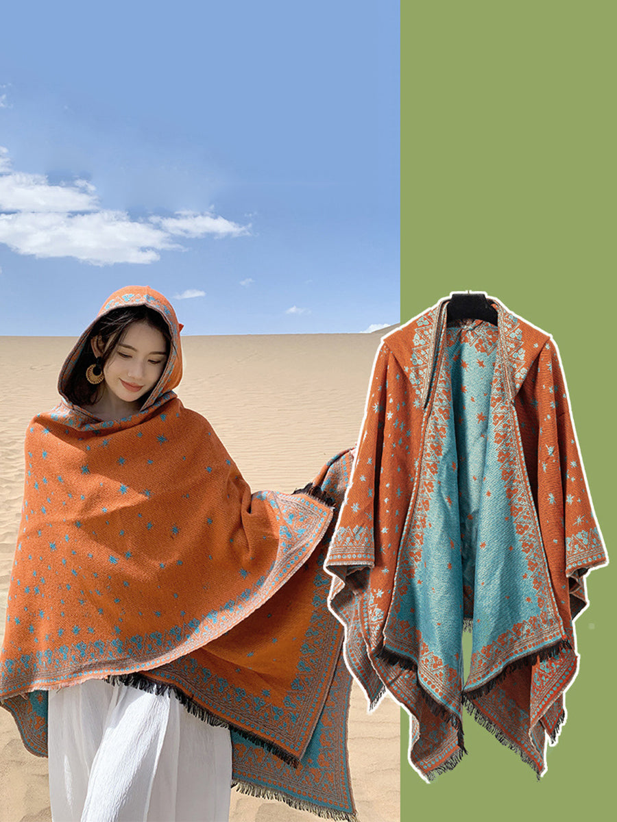 Women Ethnic Star Print Hooded Scarf Shawl