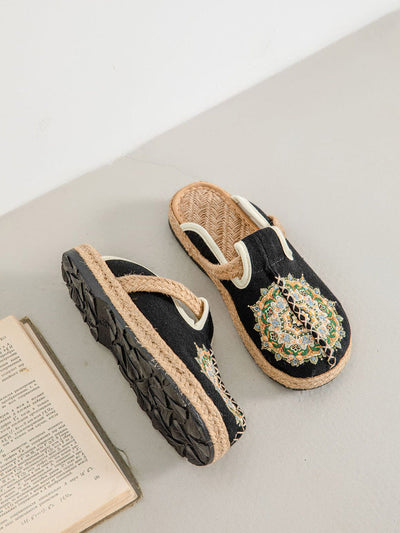 Women Summer Flower Embroidery Linen Slippers