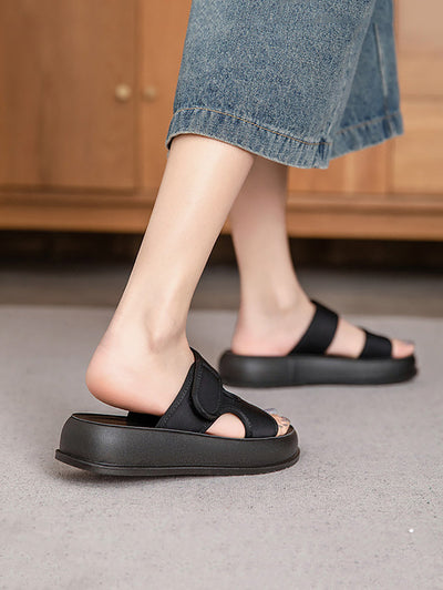 Women Summer Casual Genuine Leather Platform Slippers