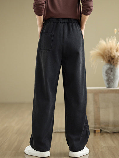 Women Autumn Retro Fleece-lined Denim Straight Pants