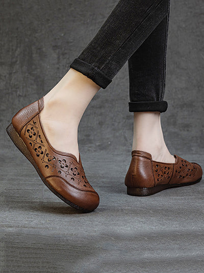 Women Soft Genuine Leather Hollow Out Low Heel Shoes