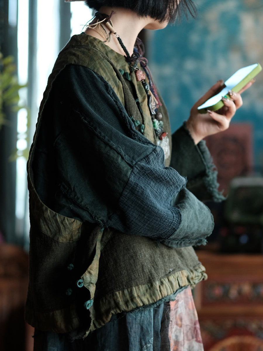 Women Autumn Retro Tie-dye Spliced V-Neck Cotton Vest